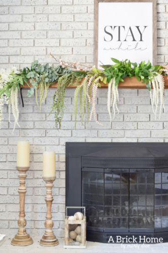 A Brick Home - spring mantel, floral spring mantel, spring mantel garland, spring mantel branches, spring mantel decorating ideas