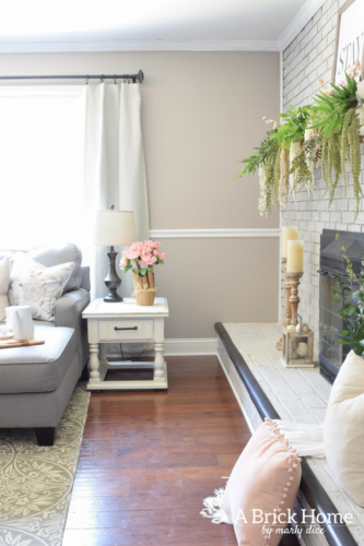 A Brick Home - spring mantel, floral spring mantel, spring mantel garland, spring mantel branches, spring mantel decorating ideas