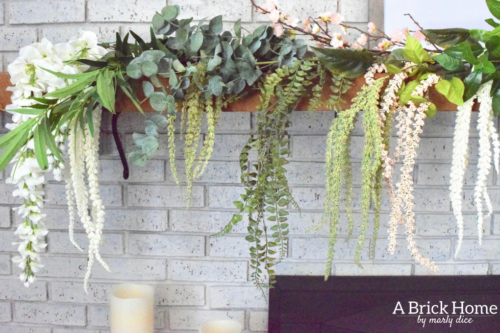 A Brick Home - spring mantel, floral spring mantel, spring mantel garland, spring mantel branches, spring mantel decorating ideas
