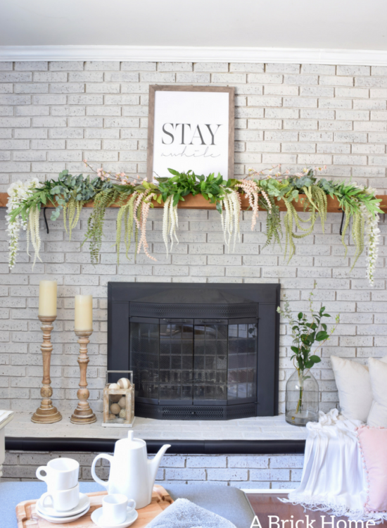 A Brick Home - spring mantel, floral spring mantel, spring mantel garland, spring mantel branches, spring mantel decorating ideas