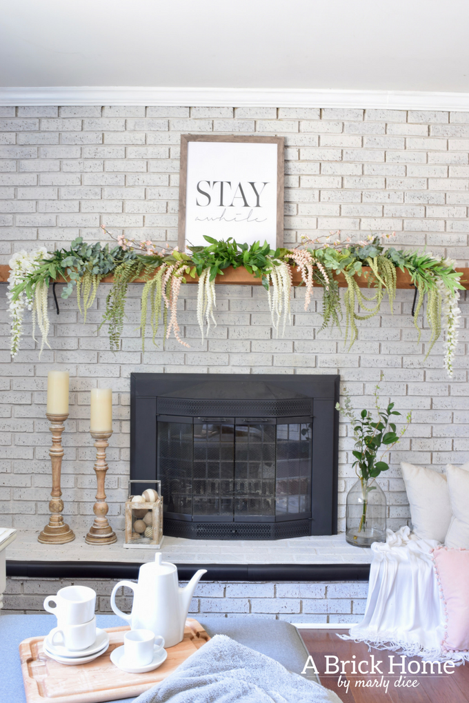 A Brick Home - spring mantel, floral spring mantel, spring mantel garland, spring mantel branches, spring mantel decorating ideas