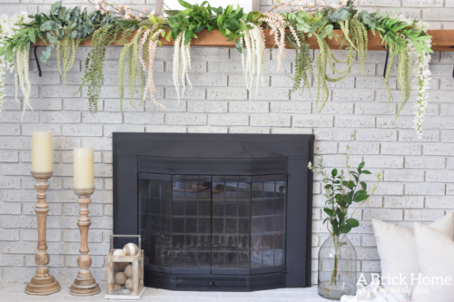 A Brick Home - spring mantel, floral spring mantel, spring mantel garland, spring mantel branches, spring mantel decorating ideas