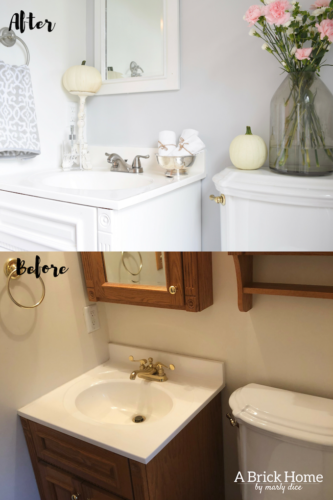 This powder room makeover REVEAL is insane! I can't believe how little money she spent to completely transform this powder room to a light and bright one. These small powder room ideas are must-see's!