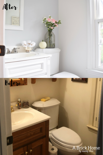This powder room makeover REVEAL is insane! I can't believe how little money she spent to completely transform this powder room to a light and bright one. These small powder room ideas are must-see's!