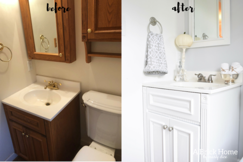 This powder room makeover REVEAL is insane! I can't believe how little money she spent to completely transform this powder room to a light and bright one. These small powder room ideas are must-see's!
