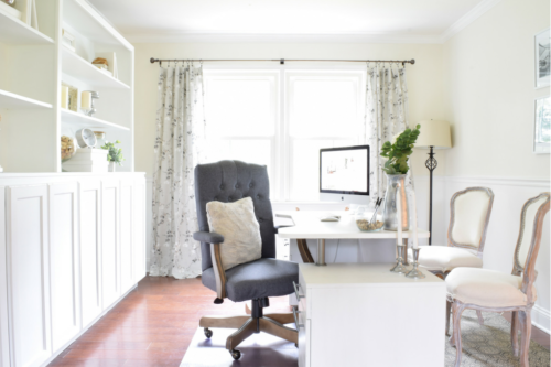 Wow! This feminine home office got a complete makeover! It's beautiful and functional - check out the complete tour. #officedecor #officedesign