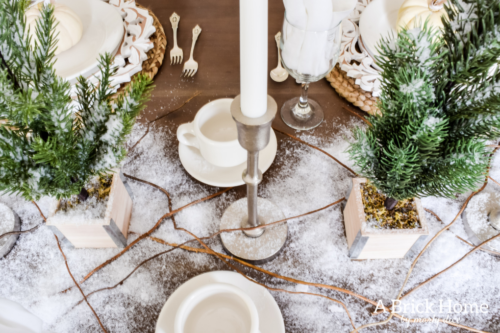 Gorgeous Dining Room Decked out in Transitional Fall to Winter Holiday Decor! A snowy tablescape with evergreens and pumpkins top off the almost Christmas decor look! #falldecor #winterdecor