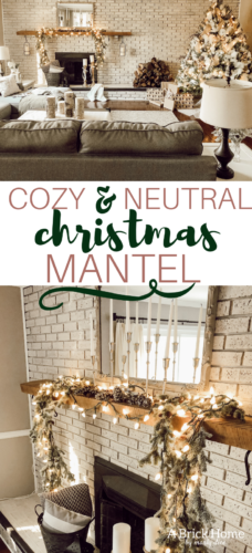 This gorgeous NEUTRAL Christmas mantel accompanies a cozy and neutral family room with a snow-filled Christmas tree! Take the whole tour NOW! Tons of inspiration!! #christmasmantel
