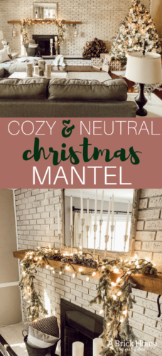 This gorgeous neutral Christmas mantel accompanies a cozy and neutral family room with a snow-filled Christmas tree! Take the whole tour NOW! Tons of inspiration!! #christmasmantel