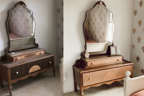 Such a sweet rose gold dresser makeover for a little girl. Gorgeous antique vanity dresser! #dressermakeover