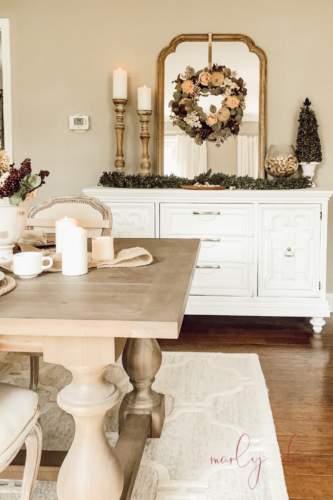 Copy this French farmhouse fall decor on her Buffet! #farmhousefalldecor #frenchfarmhouse
