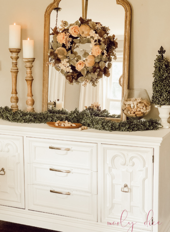 Copy this French farmhouse fall decor on her Buffet! #farmhousefalldecor #frenchfarmhouse