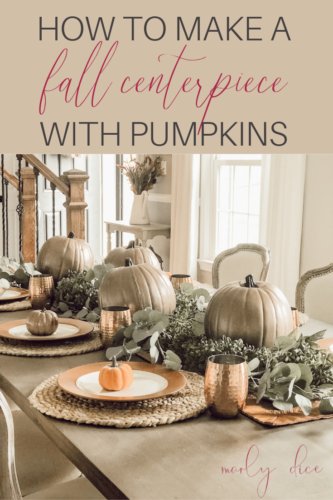 Learn how to make this easy fall centerpiece with pumpkins and greenery! #fallcenterpiece #falldecor #falltabledecor