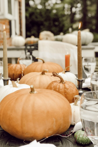 Grab your pumpkins and recreate this simple yet beautiful outdoor fall tablescape idea! #falltablescape