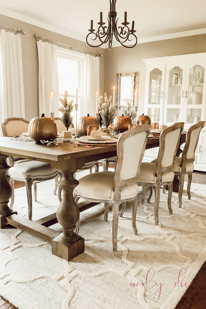 Rustic Thanksgiving Table With Pumpkins And Evergreens - Marly Dice