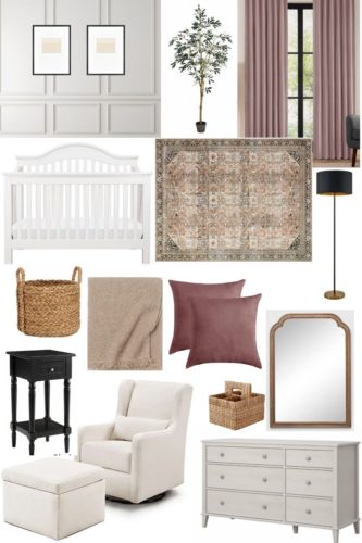Baby girl nursery mood board, modern rustic nursery, nursery using white, black, beige, and mauve. #girlnurseryideas
