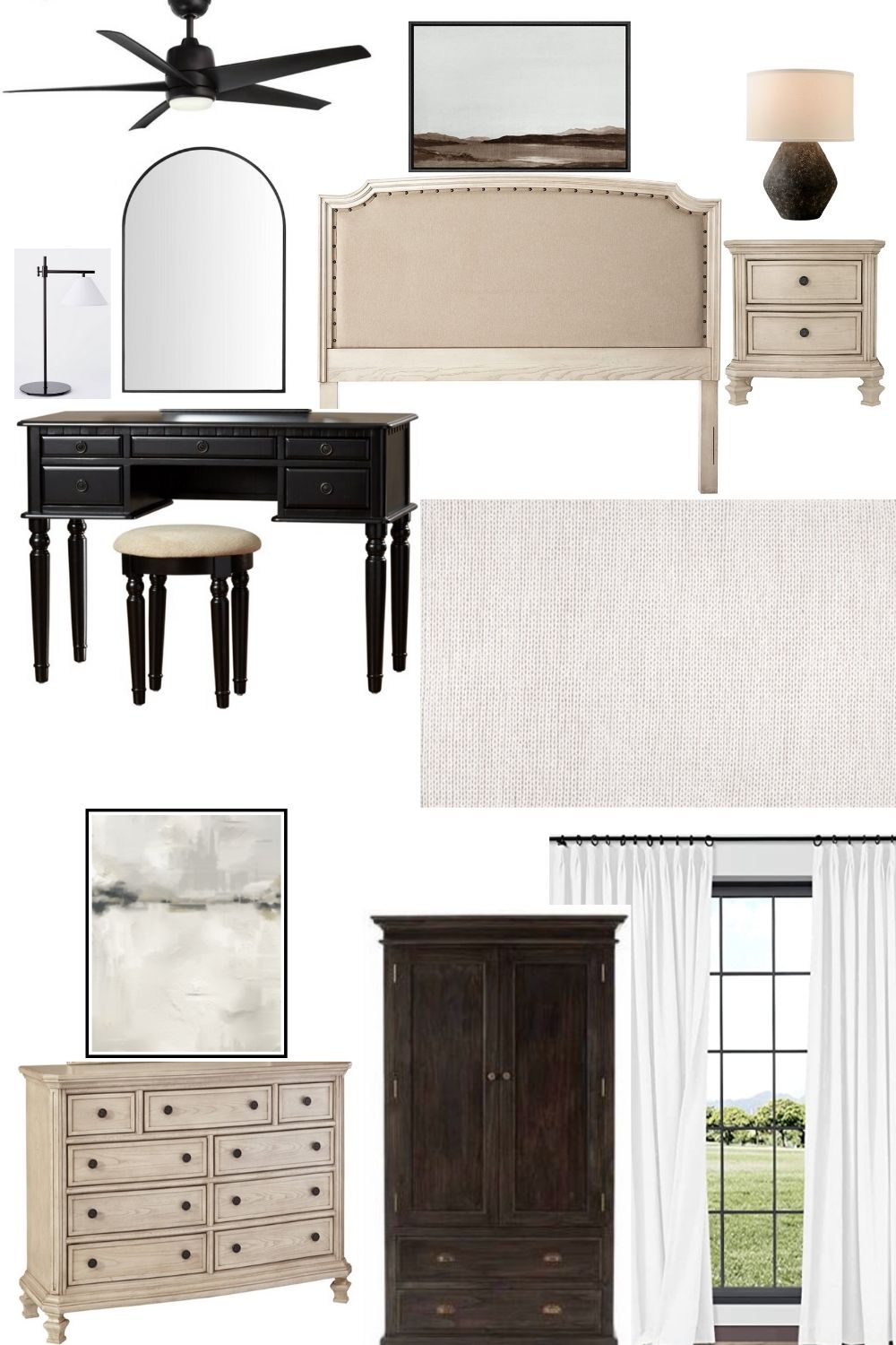 Mood board for a bedroom ideas: modern French country. Neutral and black bedroom ideas #bedroomideasmodern