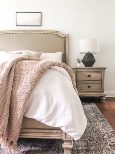 This neutral bedroom is simple yet sophisticated. These lamps & DY artwork are beautiful bedroom decor ideas.
