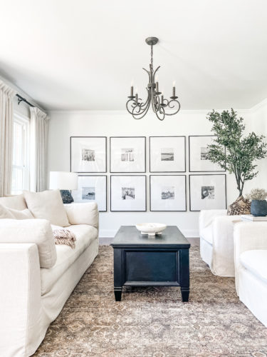Sophisticated living room tour primarily using the the colors black and white. #sophisticatedlivingroom #blackandwhitelivingroom #loloirugs #marlydiceblog