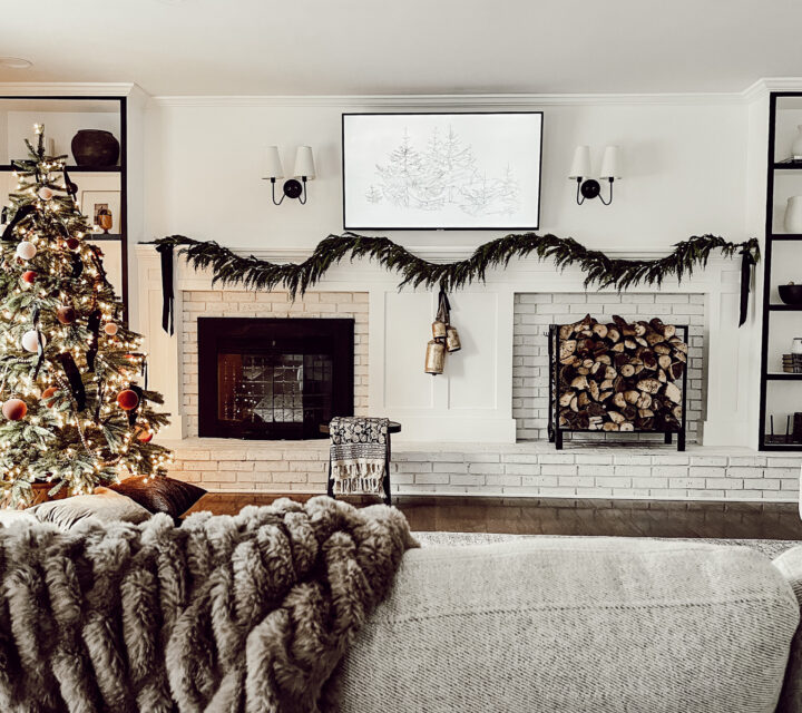 Cozy fireplace mantel decorations that are easy and simple to do! Moody christmas mantel accents, fireplace mantel decorations for the holidays! #christmasmanteldecor #christmasmantle #cozyfireplace