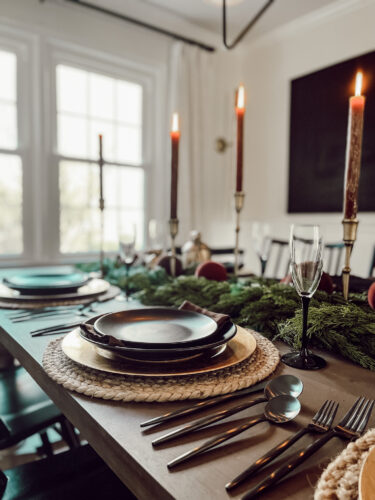 A holiday tablescape using red, brown and green #christmastablescape #christmastabledecorations #holidaytablescape #marlydiceblog
