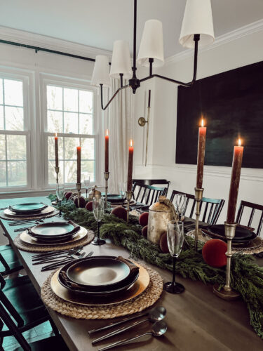 A holiday tablescape using red, brown and green #christmastablescape #christmastabledecorations #holidaytablescape #marlydiceblog