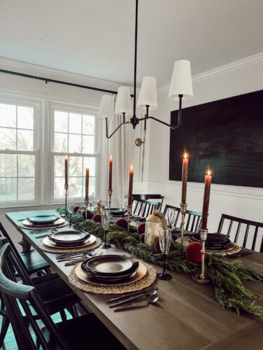 A holiday tablescape using red, brown and green #christmastablescape #christmastabledecorations #holidaytablescape #marlydiceblog