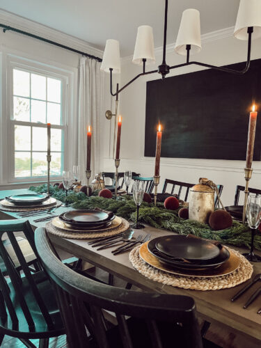 A holiday tablescape using red, brown and green #christmastablescape #christmastabledecorations #holidaytablescape #marlydiceblog