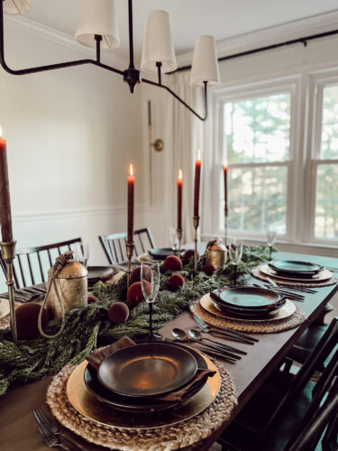 A holiday tablescape using red, brown and green #christmastablescape #christmastabledecorations #holidaytablescape #marlydiceblog
