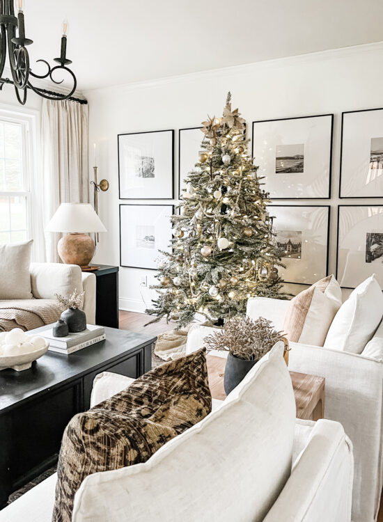 Flocked Christmas tree and neutral Christmas tree decor in our sitting room! #neutralchristmasdecor #neutralchristmastree