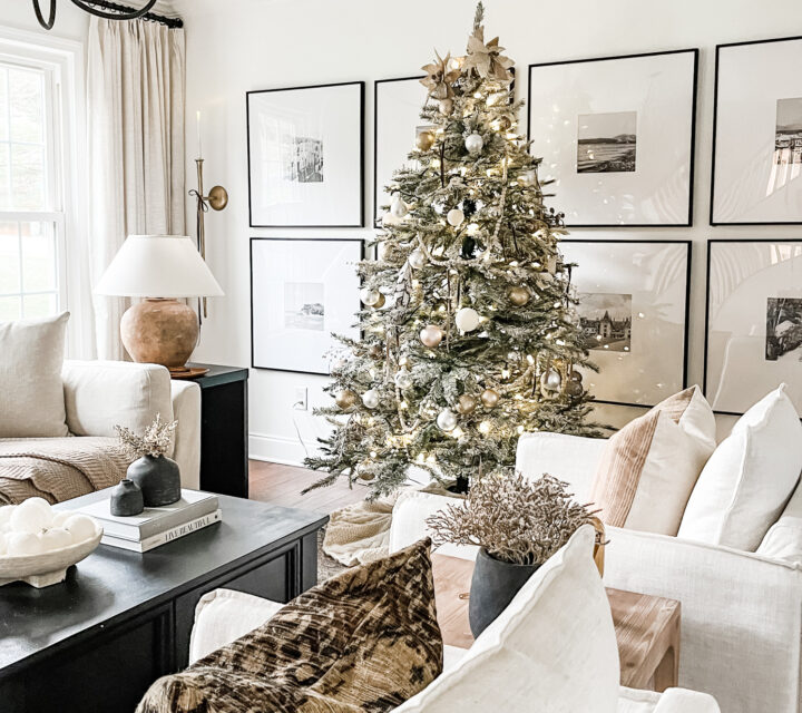 Flocked Christmas tree and neutral Christmas tree decor in our sitting room! #neutralchristmasdecor #neutralchristmastree