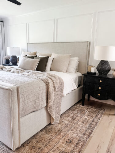 Black and white transitional bedroom with neutral bed & decor, Sophisticated modern bedroom ideas