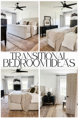 Black and white transitional bedroom with neutral bed & decor, Sophisticated modern bedroom ideas