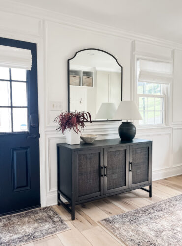 Functional mudroom ideas + picture frame moulding addition in our mudroom entryway.